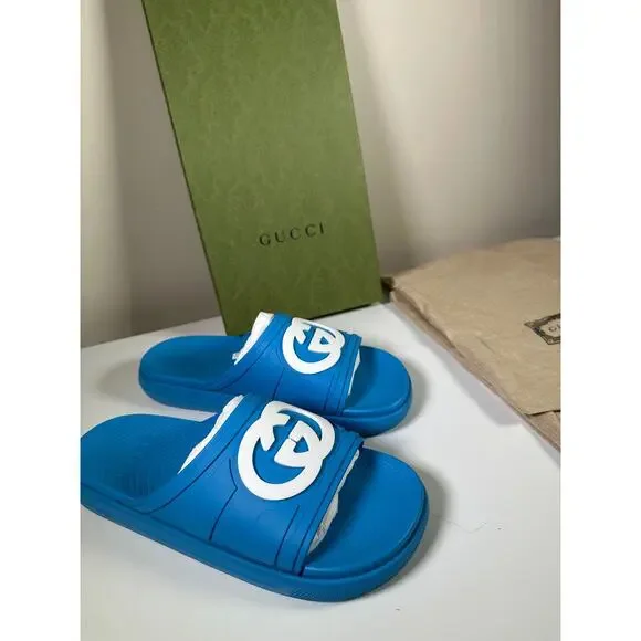 NIB Gucci Rubber Slide Sandals Blue with White GG Logo UK8 US8.5 - Picture 8 of 9